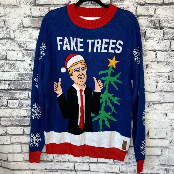 Tipsy Elves Men's Funny Holiday Sweater Trump "Fake Trees" Size L - Picture 1 of 7